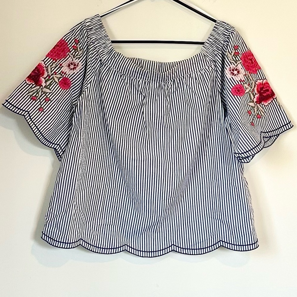 Tribal Jeans Striped Off-Shoulder Top with Floral Embroidery - Size: Medium - Picture 2 of 9